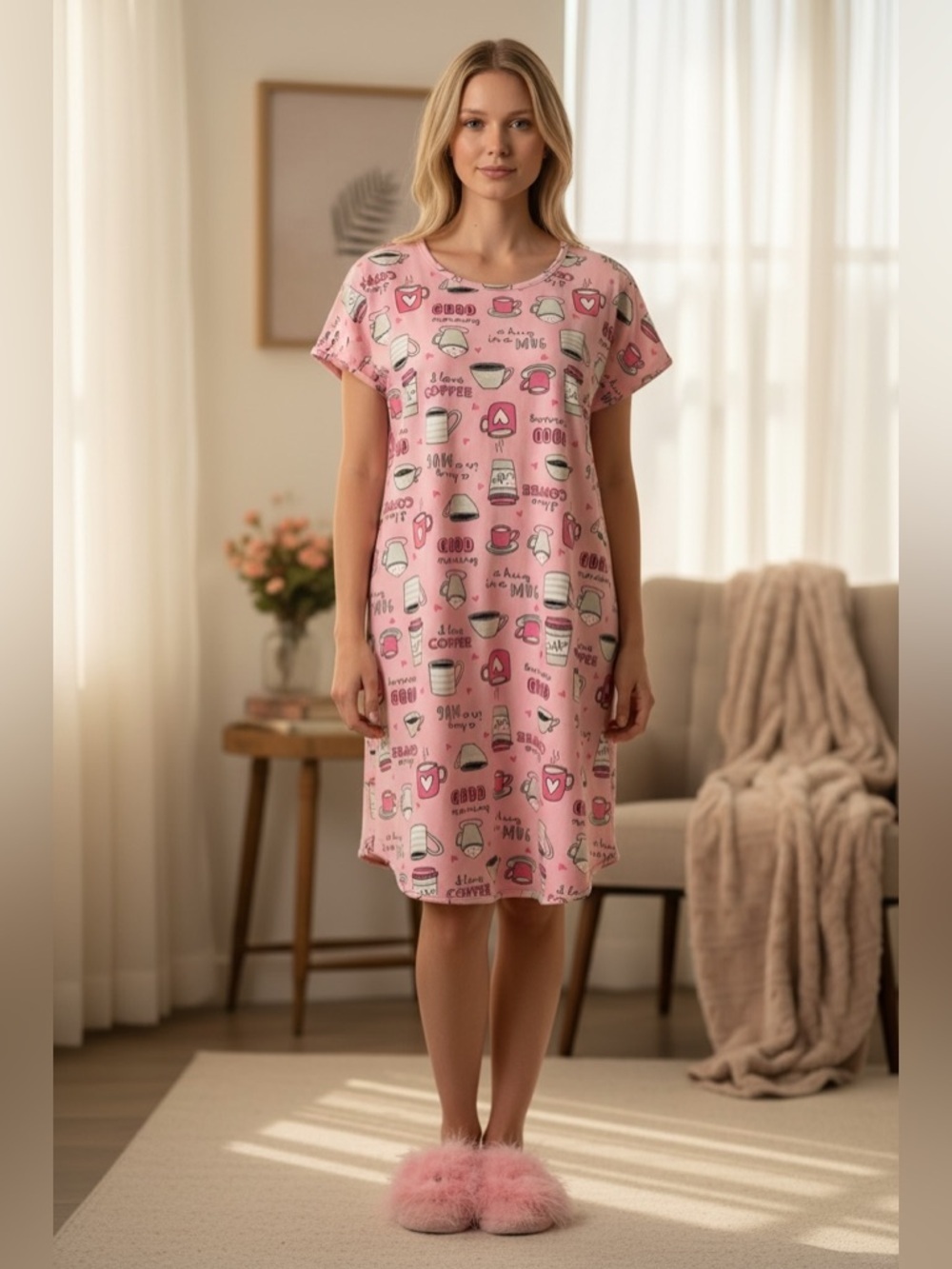 dkr & company Coffee Print Nightgown Pink Sleep Dress Soft Stretch Lounge, Small